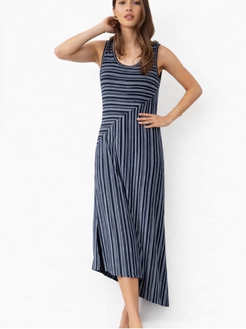 CAbi “Dia” Asymmetrical Hem Sleeveless Blue and Gray Striped Midi Dress (C)